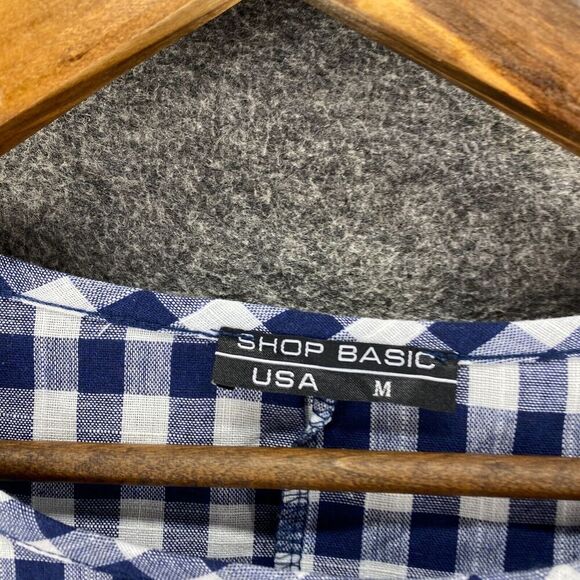 Shop Basic Blouse Women M Medium Blue Plaid Short Sleeve Belted Crew Neck Cotton - Picture 5 of 8